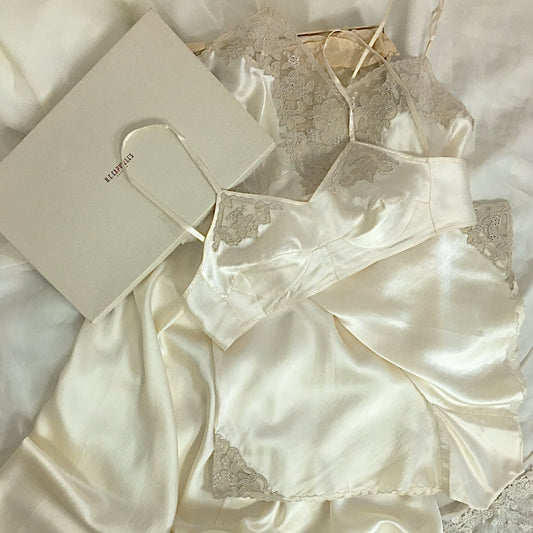 Vintage 1930's Lingerie Set | Ivory Silk with Ecru Embroidered Lace Slip with Bralette & Tap Pants | New in Box - H.C. Capwells | Size M - Daggers & Dames