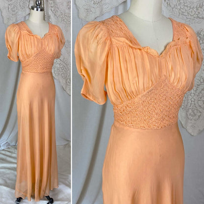 Vintage 1930's Maxi Dress | Rich Apricot Silk Chiffon with Puffed Sleeves & Honeycomb Smocking | Size XS - Daggers & Dames