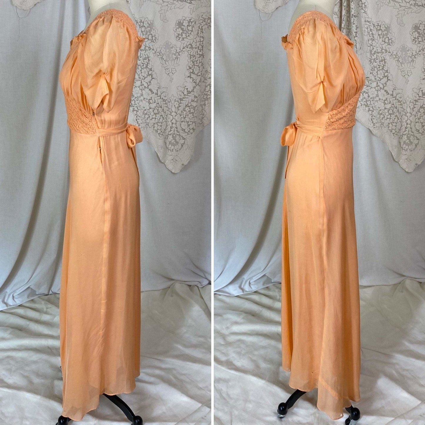 Vintage 1930's Maxi Dress | Rich Apricot Silk Chiffon with Puffed Sleeves & Honeycomb Smocking | Size XS - Daggers & Dames