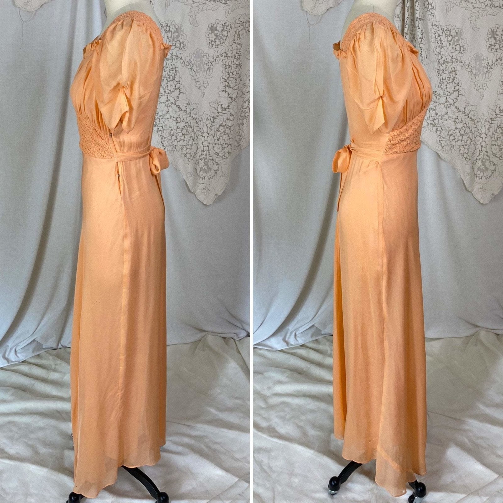 Vintage 1930's Maxi Dress | Rich Apricot Silk Chiffon with Puffed Sleeves & Honeycomb Smocking | Size XS - Daggers & Dames