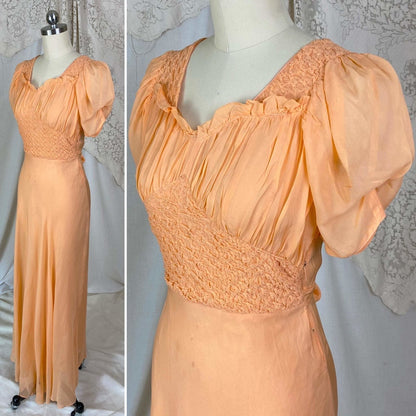 Vintage 1930's Maxi Dress | Rich Apricot Silk Chiffon with Puffed Sleeves & Honeycomb Smocking | Size XS - Daggers & Dames