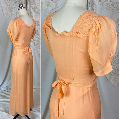 Vintage 1930's Maxi Dress | Rich Apricot Silk Chiffon with Puffed Sleeves & Honeycomb Smocking | Size XS - Daggers & Dames
