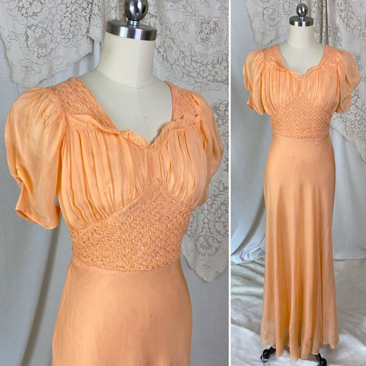 Vintage 1930's Maxi Dress | Rich Apricot Silk Chiffon with Puffed Sleeves & Honeycomb Smocking | Size XS - Daggers & Dames