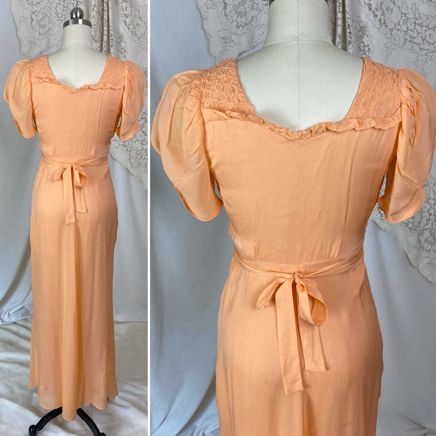 Vintage 1930's Maxi Dress | Rich Apricot Silk Chiffon with Puffed Sleeves & Honeycomb Smocking | Size XS - Daggers & Dames