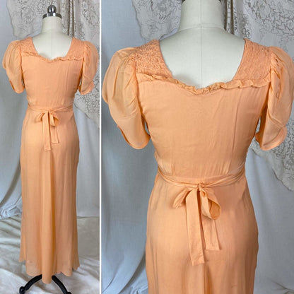 Vintage 1930's Maxi Dress | Rich Apricot Silk Chiffon with Puffed Sleeves & Honeycomb Smocking | Size XS - Daggers & Dames