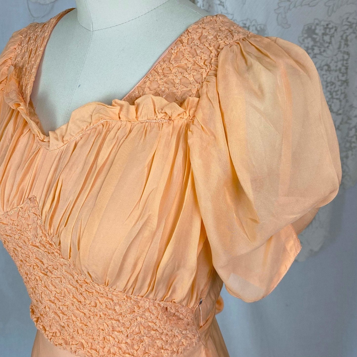 Vintage 1930's Maxi Dress | Rich Apricot Silk Chiffon with Puffed Sleeves & Honeycomb Smocking | Size XS - Daggers & Dames