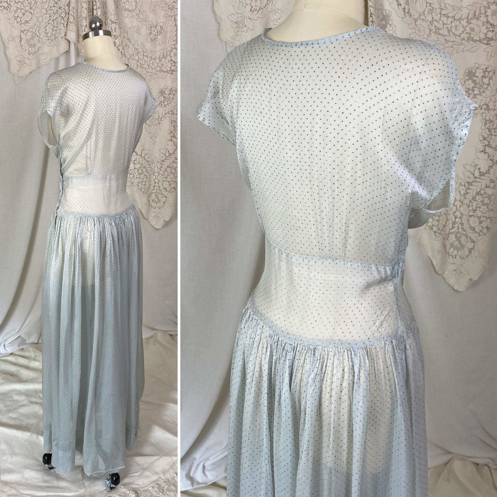 Vintage 1930's Maxi Dress | Sheer Dusty Blue Silk Organza with Gold Swiss Dots | Size M - Daggers & Dames