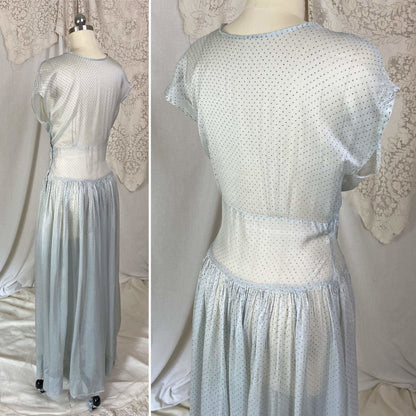 Vintage 1930's Maxi Dress | Sheer Dusty Blue Silk Organza with Gold Swiss Dots | Size M - Daggers & Dames