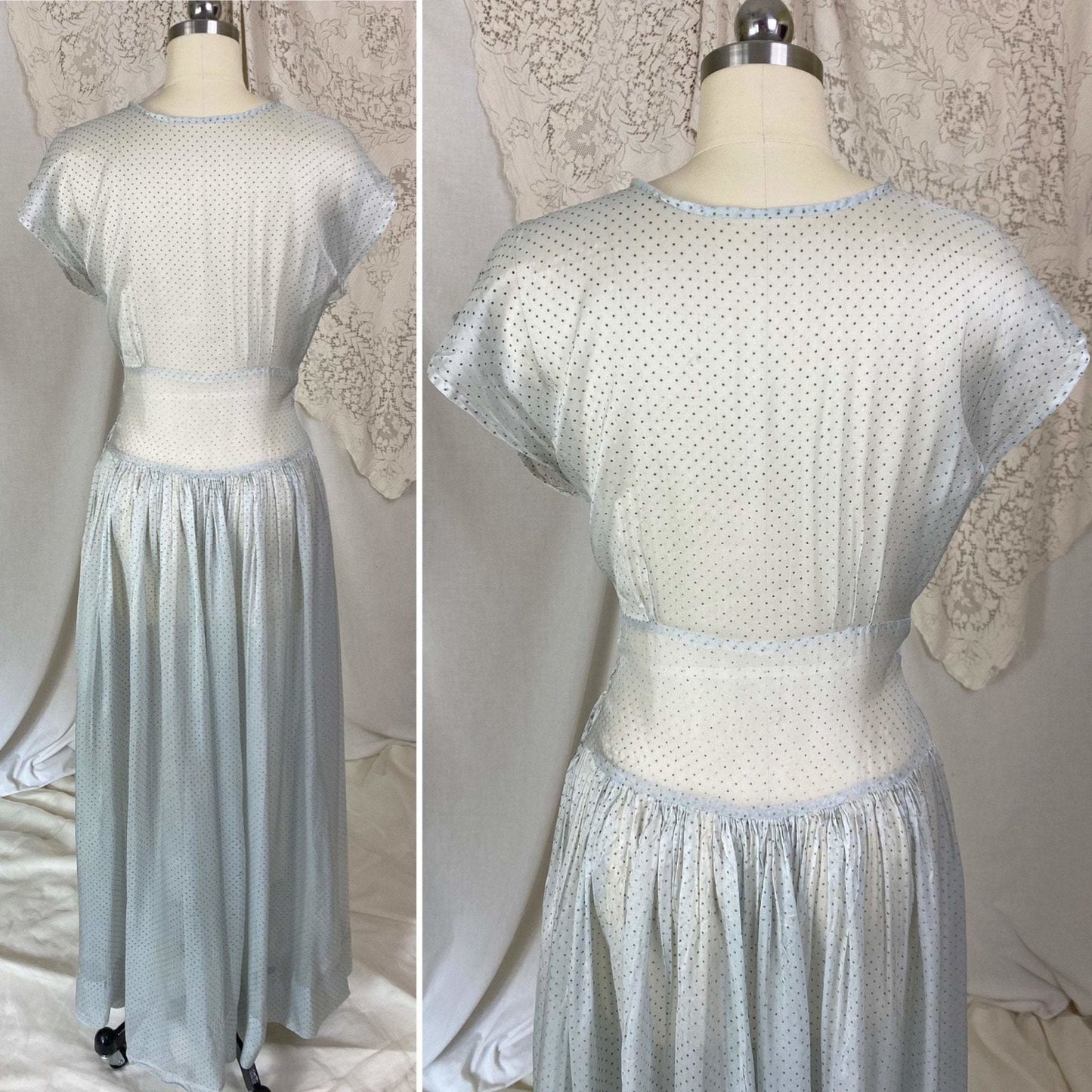 Vintage 1930's Maxi Dress | Sheer Dusty Blue Silk Organza with Gold Swiss Dots | Size M - Daggers & Dames
