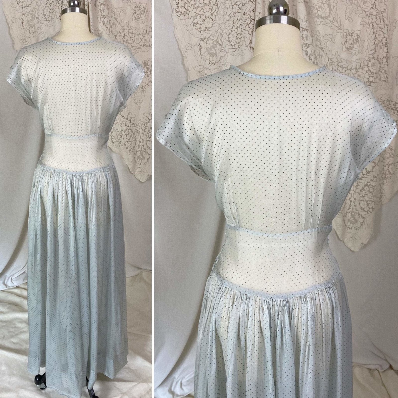Vintage 1930's Maxi Dress | Sheer Dusty Blue Silk Organza with Gold Swiss Dots | Size M - Daggers & Dames