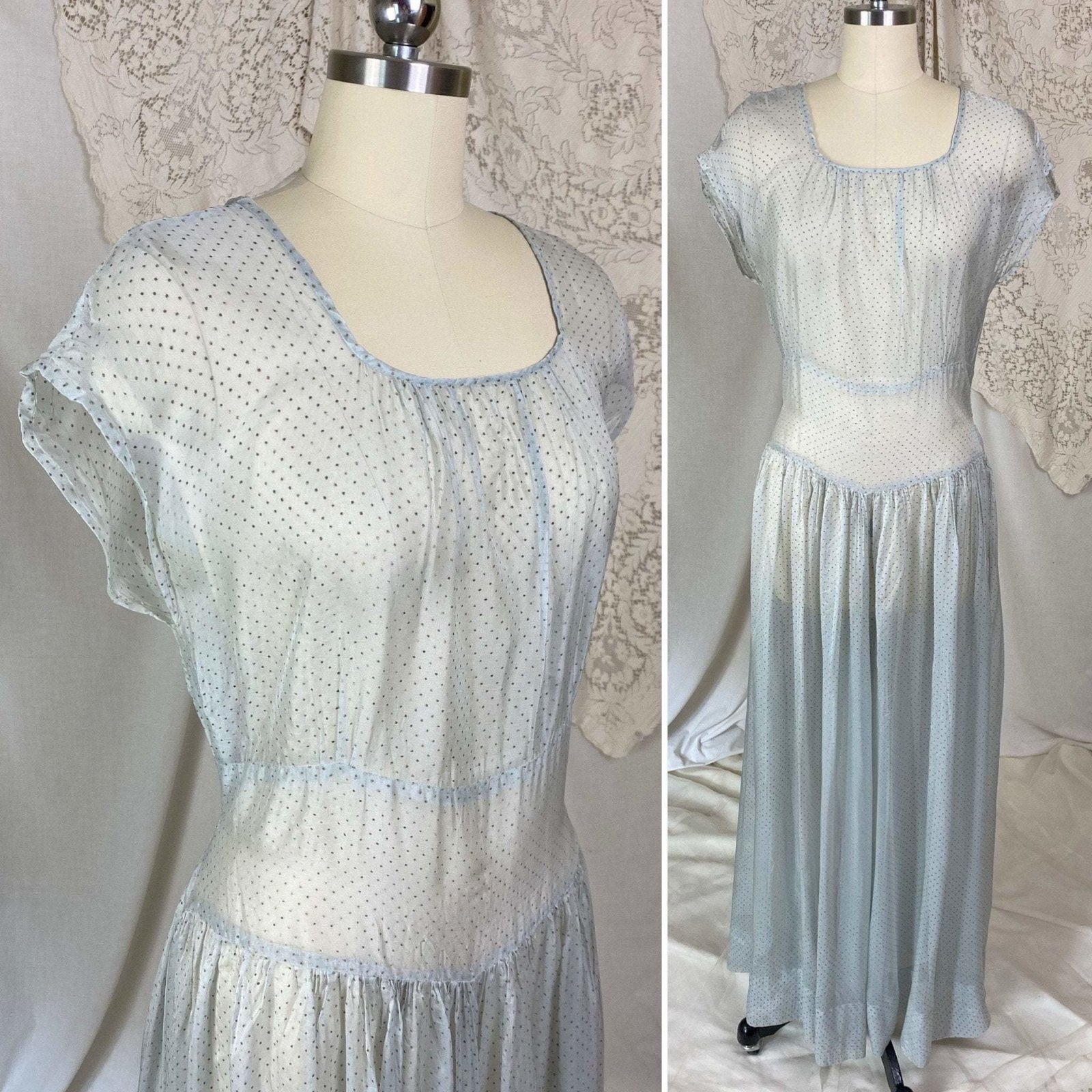 Vintage 1930's Maxi Dress | Sheer Dusty Blue Silk Organza with Gold Swiss Dots | Size M - Daggers & Dames