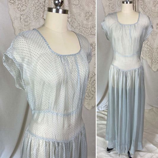 Vintage 1930's Maxi Dress | Sheer Dusty Blue Silk Organza with Gold Swiss Dots | Size M - Daggers & Dames