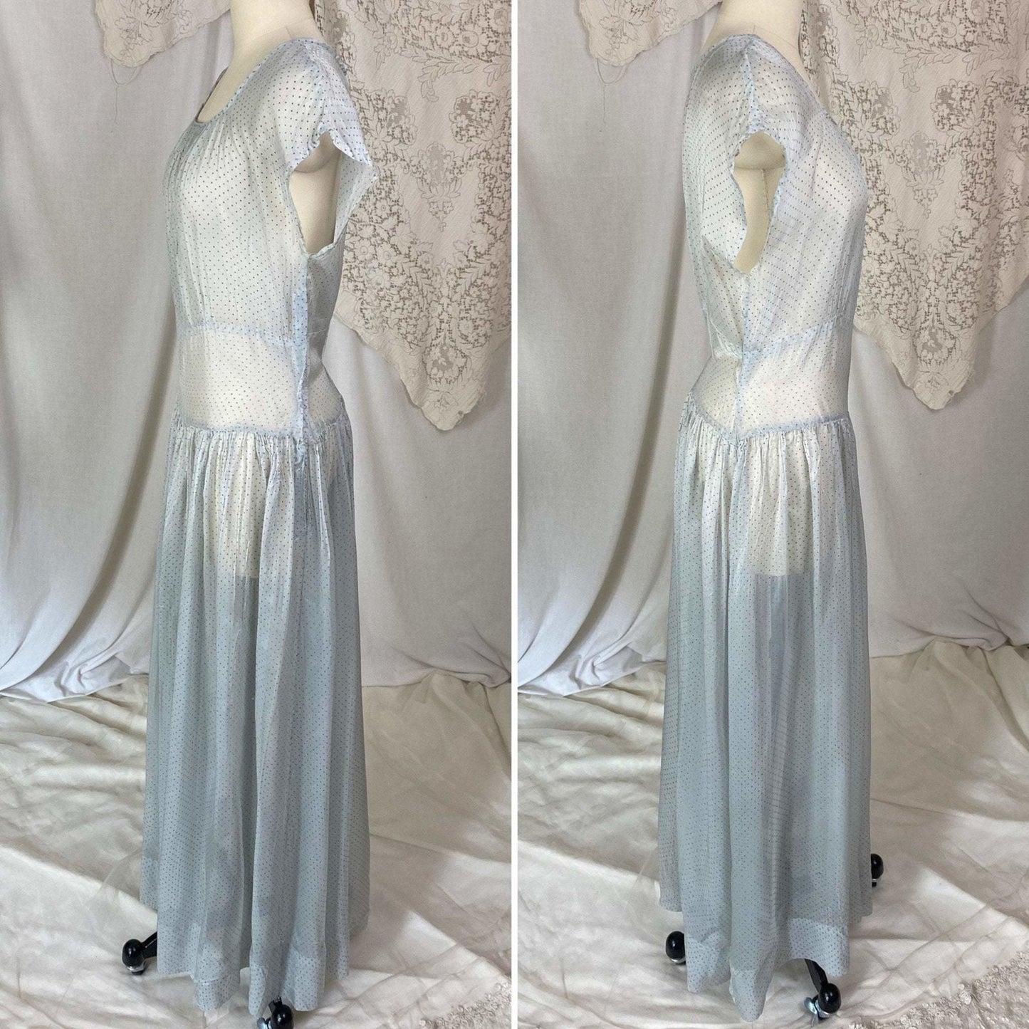 Vintage 1930's Maxi Dress | Sheer Dusty Blue Silk Organza with Gold Swiss Dots | Size M - Daggers & Dames