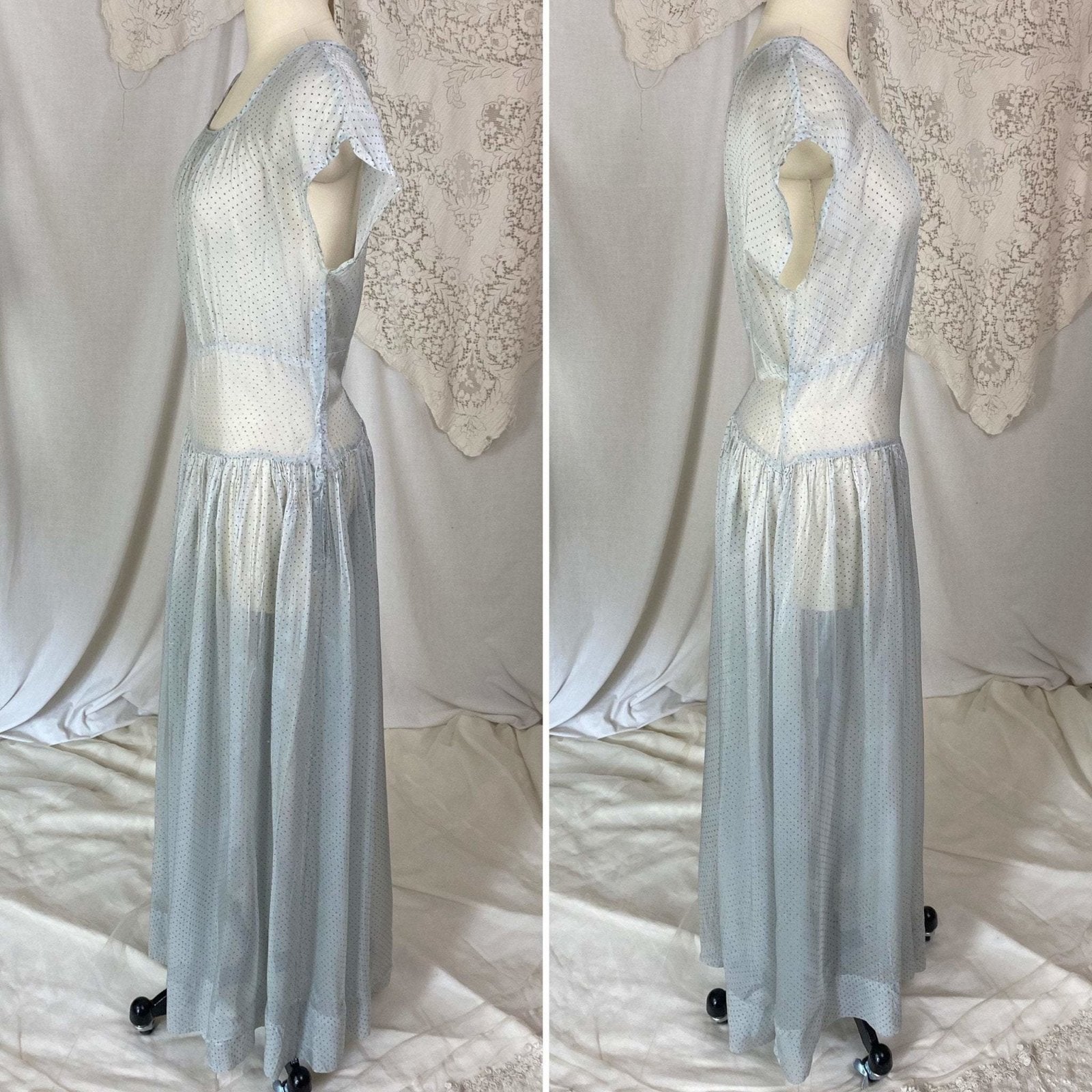 Vintage 1930's Maxi Dress | Sheer Dusty Blue Silk Organza with Gold Swiss Dots | Size M - Daggers & Dames