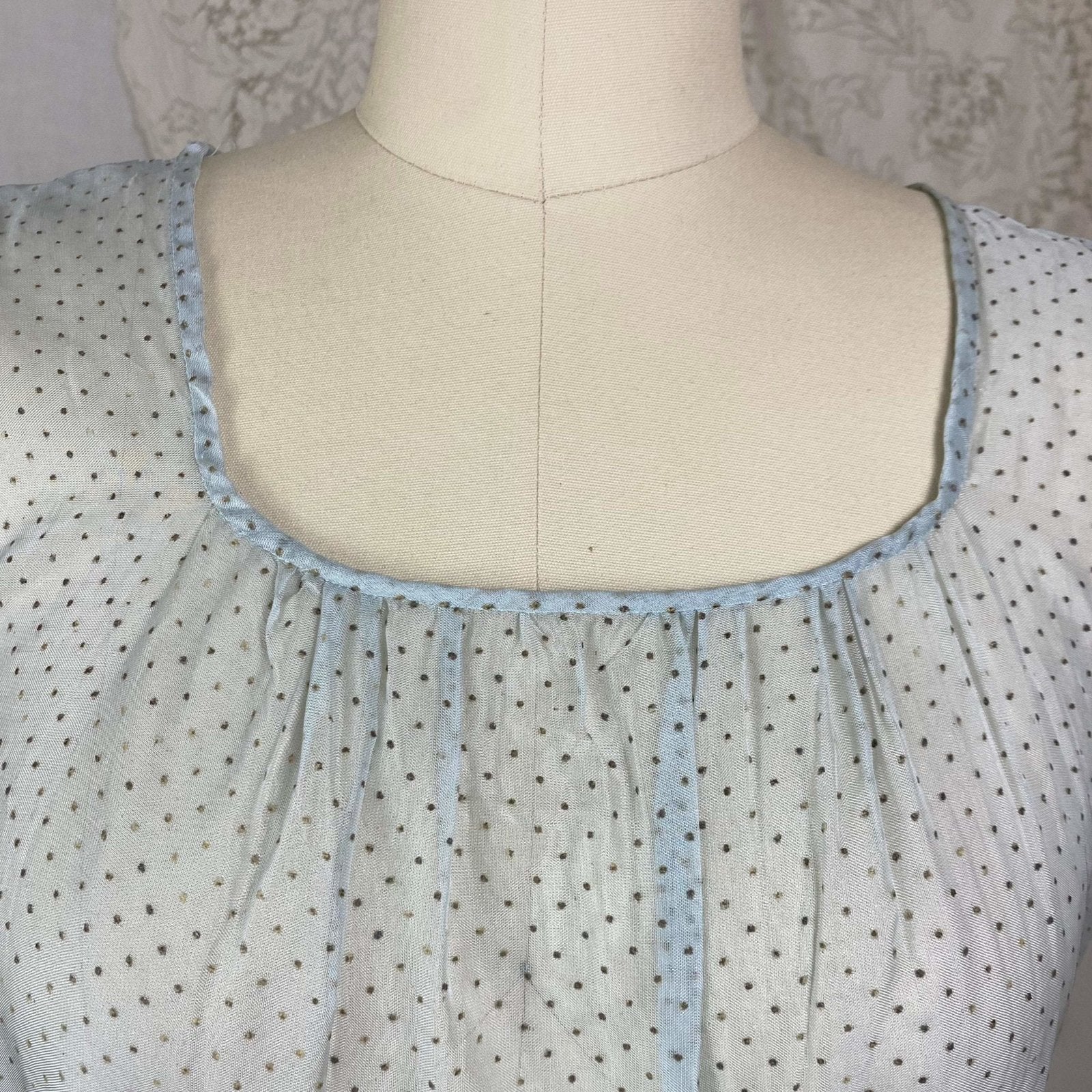Vintage 1930's Maxi Dress | Sheer Dusty Blue Silk Organza with Gold Swiss Dots | Size M - Daggers & Dames