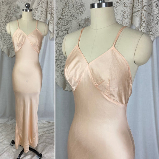 Vintage 1930's Maxi Slip Dress | Semi Sheer Peach Silk with Deep Bias Cut & Low Back | Size S, M - Daggers & Dames