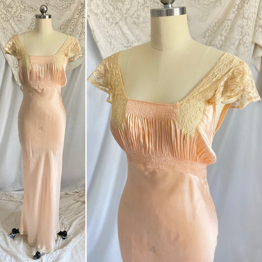 Vintage 1930's Night Dress | Pale Petal Pink Silk with Ivory Floral Cotton Net Lace | Size XS, S | Radelle Lingerie - Daggers & Dames