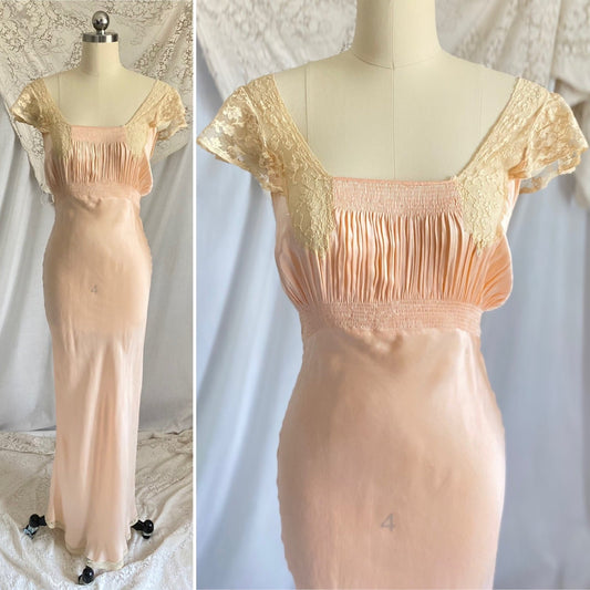 Vintage 1930's Night Dress | Pale Petal Pink Silk with Ivory Floral Cotton Net Lace | Size XS, S | Radelle Lingerie - Daggers & Dames