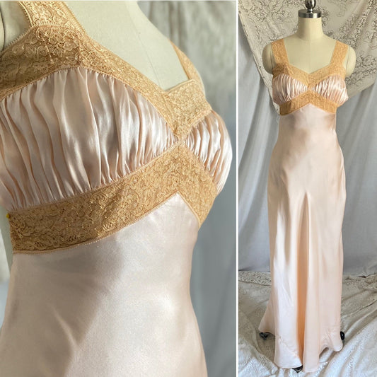 Vintage 1930's Night Dress | Rose Pink Silk with Tan Floral Cotton Lace | Size XXS, XS | Fischer Lingerie -Never Worn, Rare Mermaid Label - Daggers & Dames