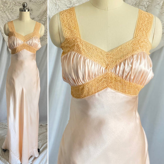 Vintage 1930's Night Dress | Rose Pink Silk with Tan Floral Cotton Lace | Size XXS, XS | Fischer Lingerie -Never Worn, Rare Mermaid Label - Daggers & Dames