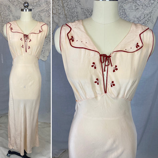 Vintage 1930's Nightgown | Buttercream Silk with Bold Red Embroidery | Size 34-36 Bust, S, M - Daggers & Dames