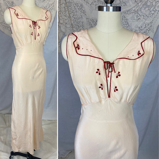 Vintage 1930's Nightgown | Buttercream Silk with Bold Red Embroidery | Size 34-36 Bust, S, M - Daggers & Dames