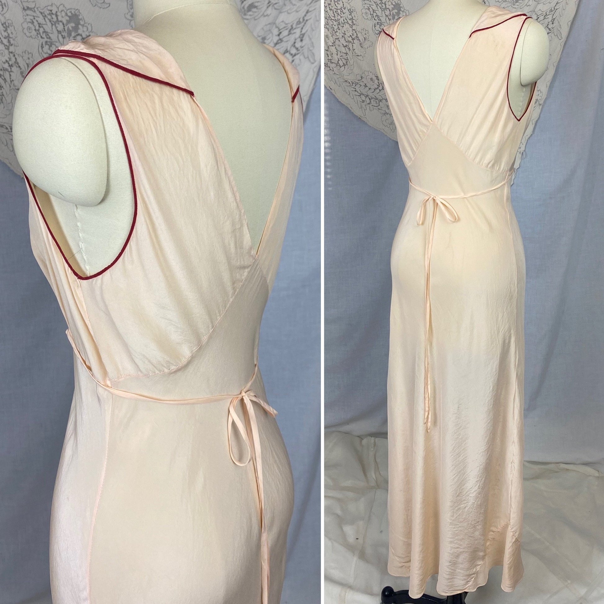 Vintage 1930's Nightgown | Buttercream Silk with Bold Red Embroidery | Size 34-36 Bust, S, M - Daggers & Dames