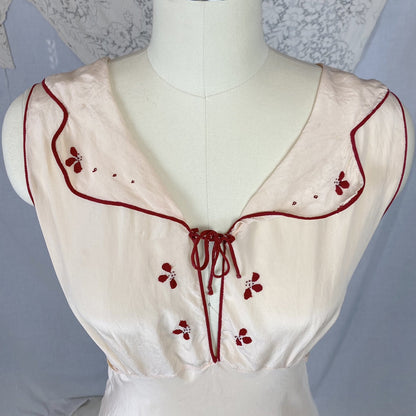 Vintage 1930's Nightgown | Buttercream Silk with Bold Red Embroidery | Size 34-36 Bust, S, M - Daggers & Dames
