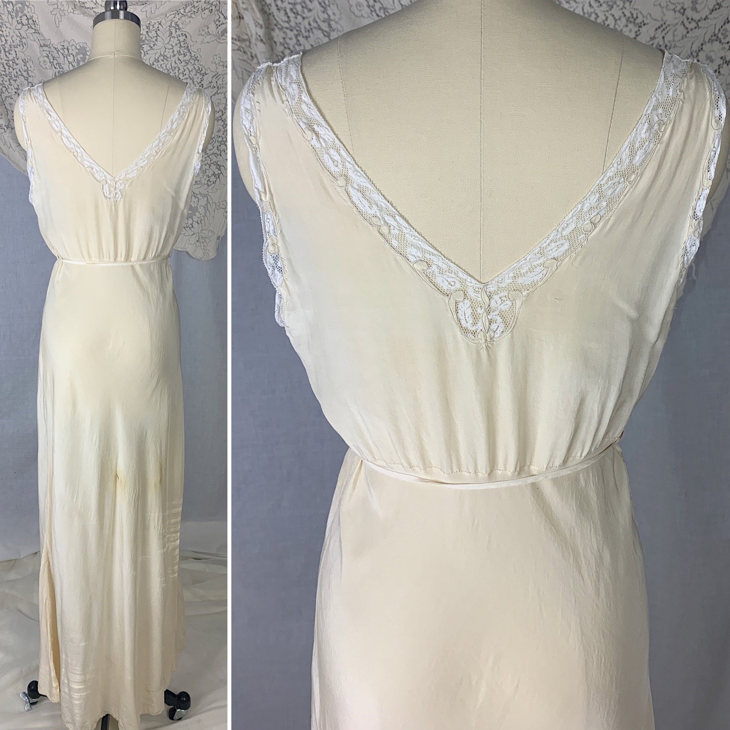 Vintage 1930's Nightgown | Buttermilk Silk with White lace & Floral Wreath Embroidery | Size S, M | Made in China - Daggers & Dames