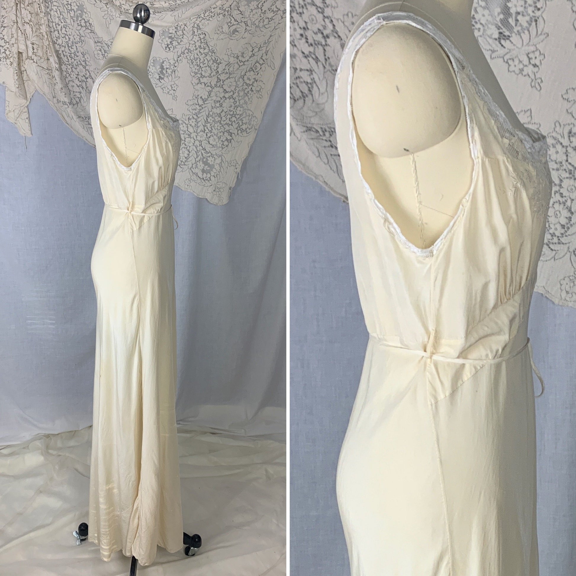 Vintage 1930's Nightgown | Buttermilk Silk with White lace & Floral Wreath Embroidery | Size S, M | Made in China - Daggers & Dames
