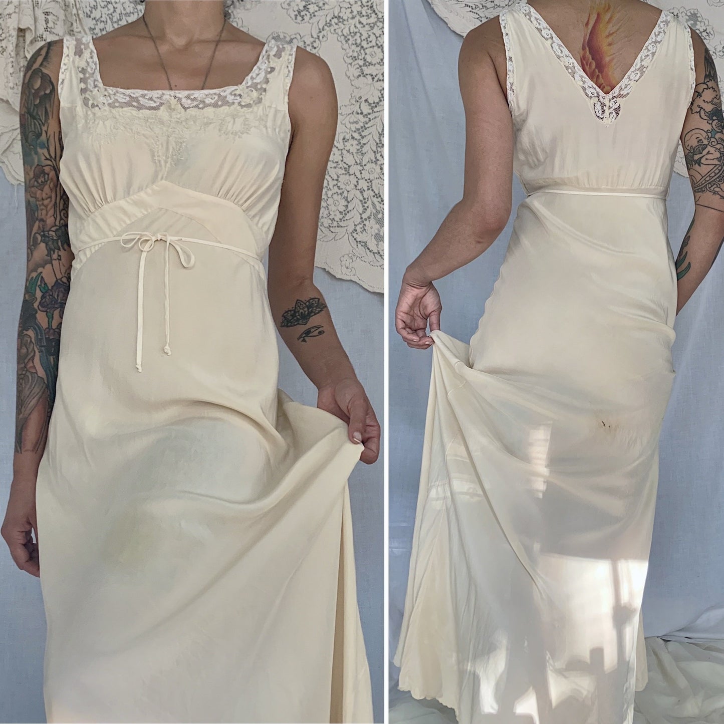 Vintage 1930's Nightgown | Buttermilk Silk with White lace & Floral Wreath Embroidery | Size S, M | Made in China - Daggers & Dames