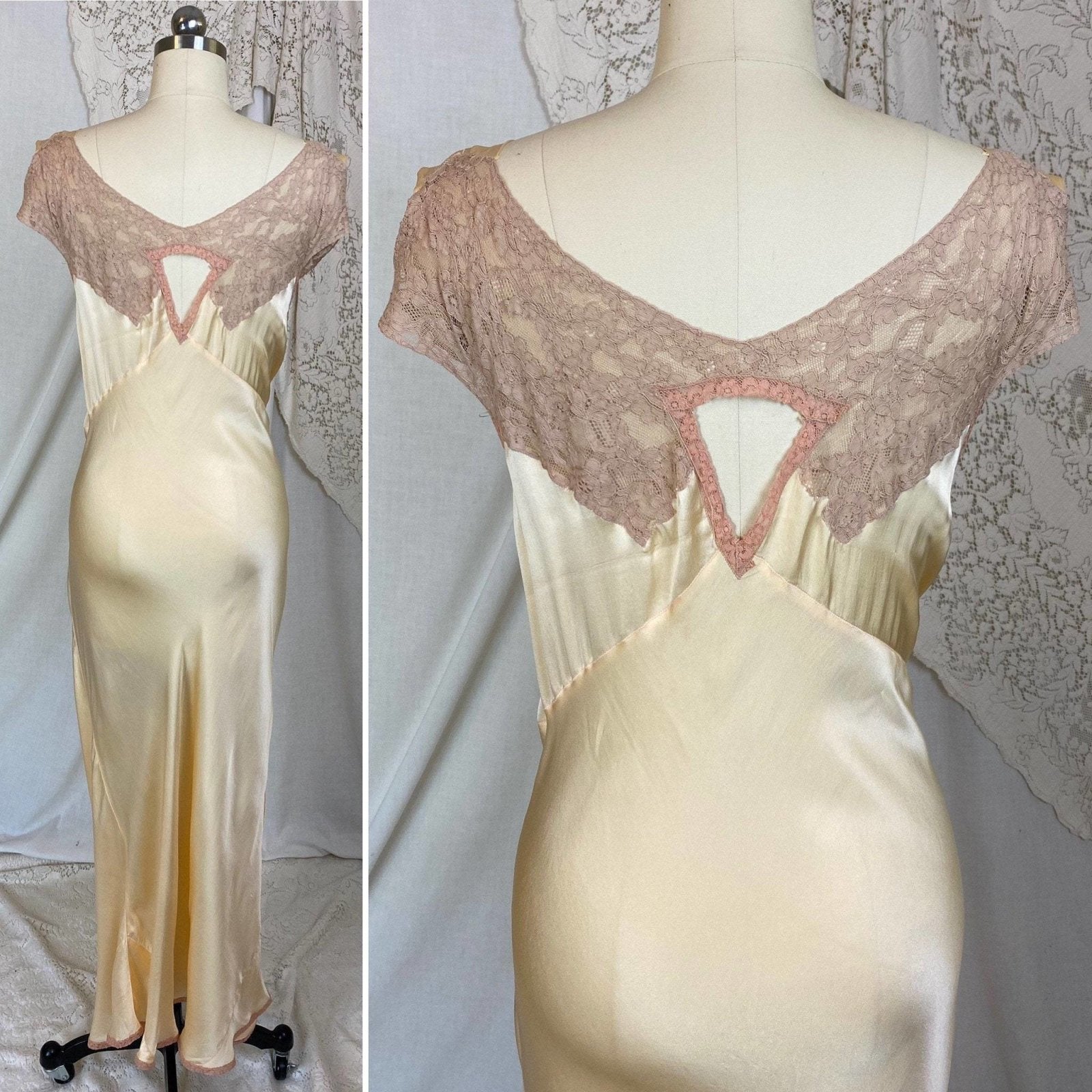 Vintage 1930's Nightgown | Champagne Silk with Mocha Lace & Cold Shoulder | Size M, LG - Daggers & Dames