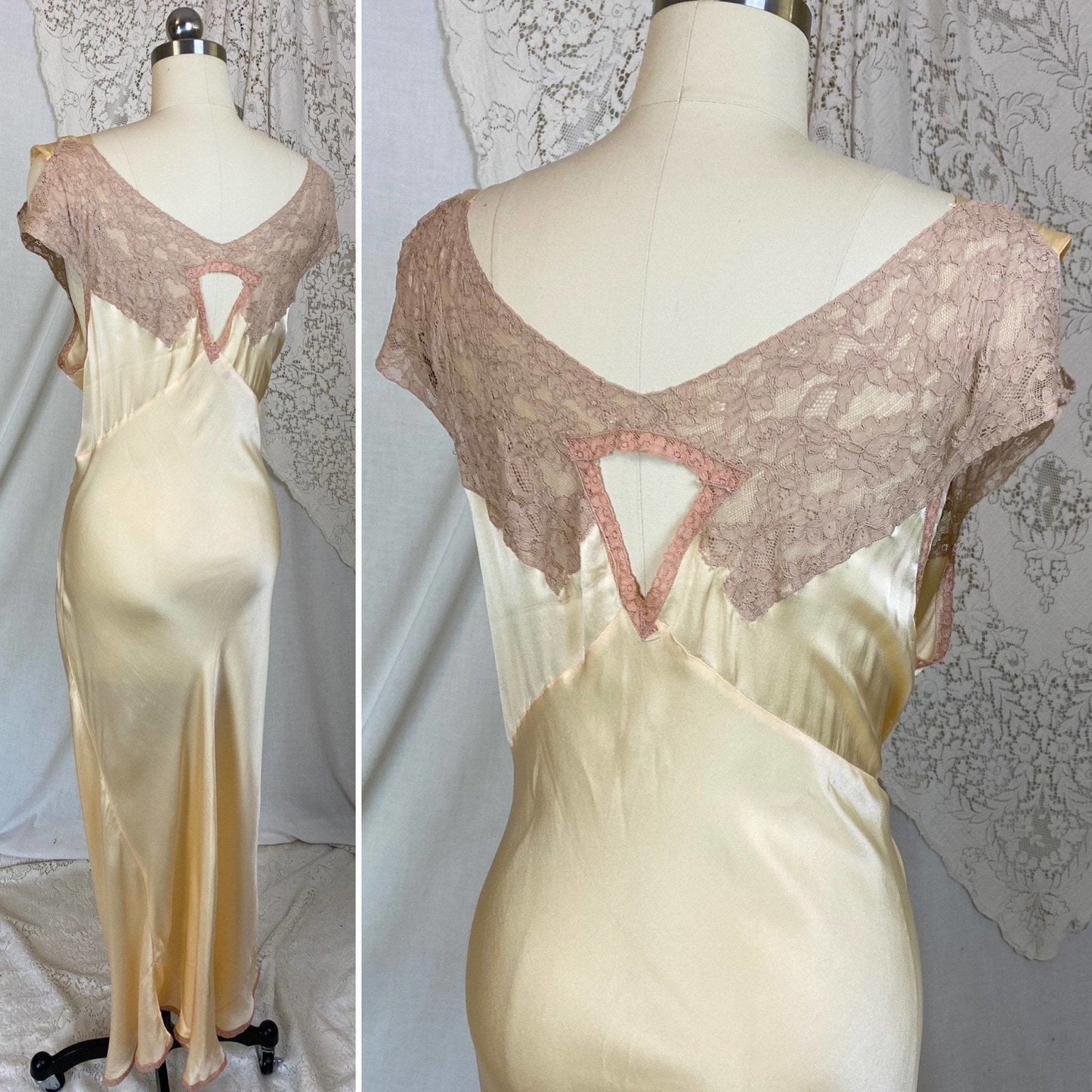 Vintage 1930's Nightgown | Champagne Silk with Mocha Lace & Cold Shoulder | Size M, LG - Daggers & Dames