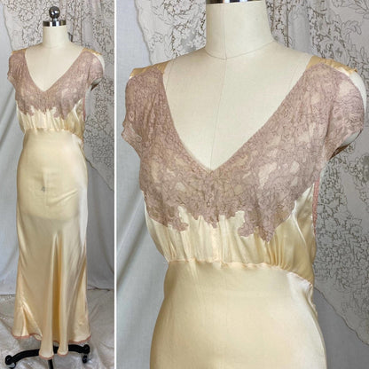 Vintage 1930's Nightgown | Champagne Silk with Mocha Lace & Cold Shoulder | Size M, LG - Daggers & Dames