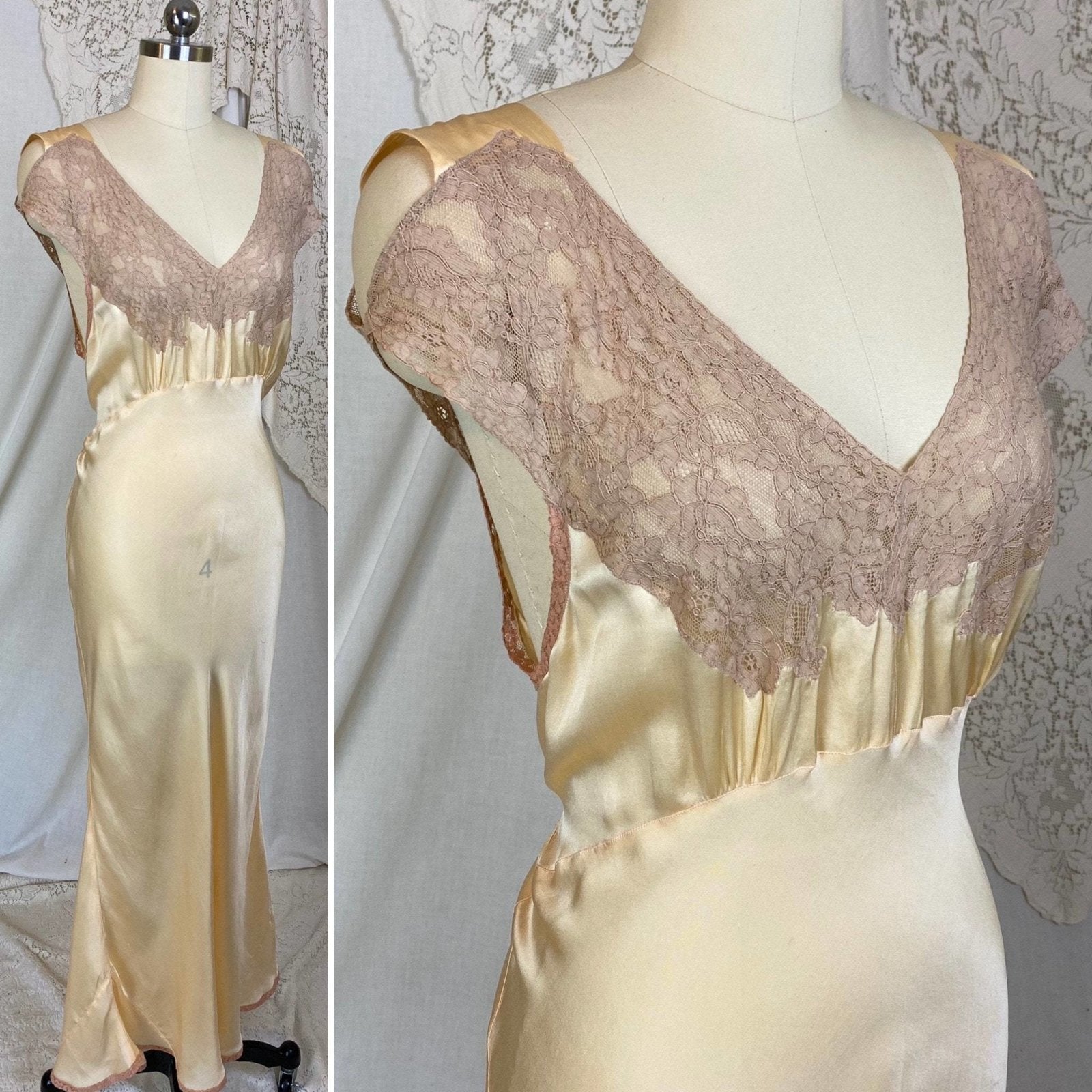 Vintage 1930's Nightgown | Champagne Silk with Mocha Lace & Cold Shoulder | Size M, LG - Daggers & Dames