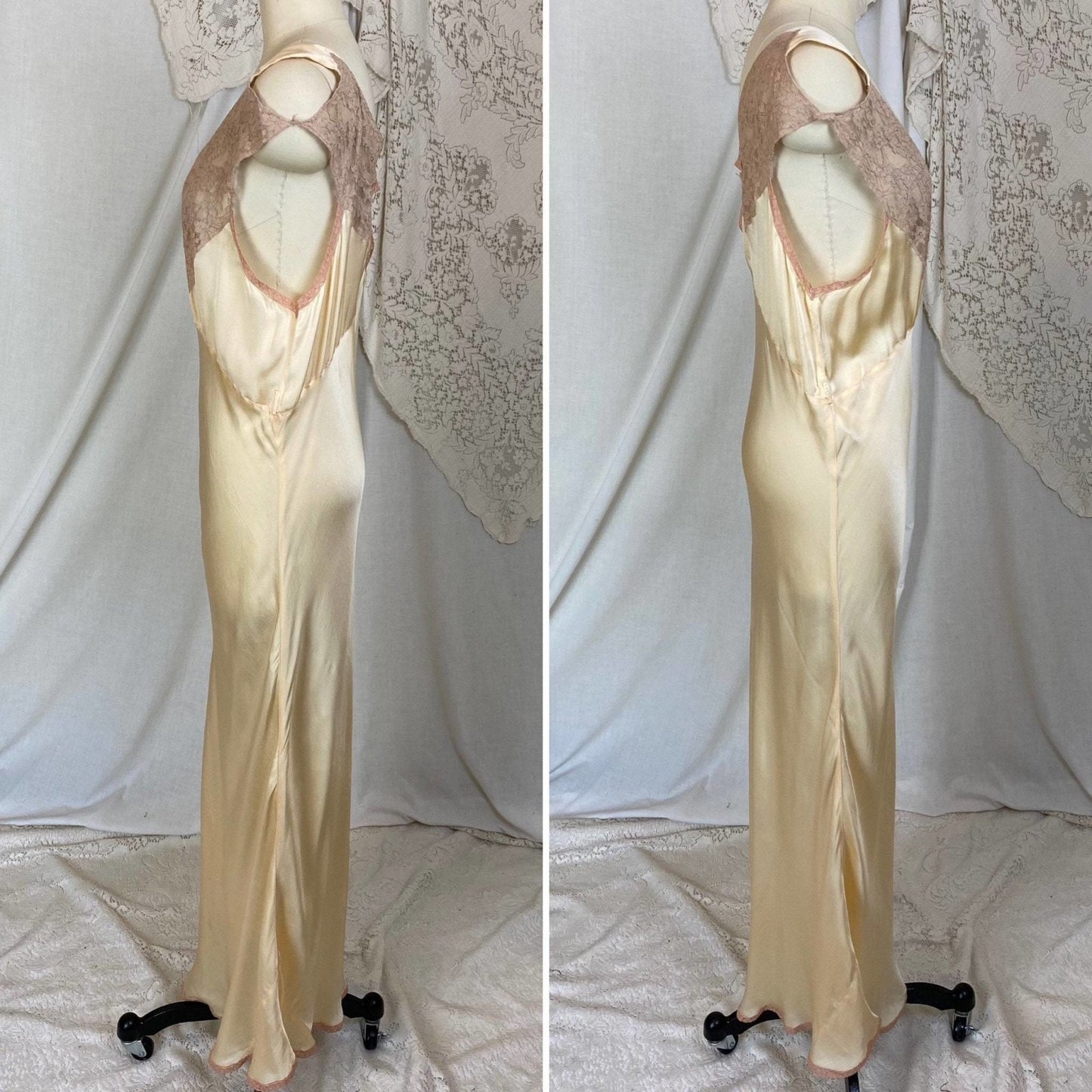 Vintage 1930's Nightgown | Champagne Silk with Mocha Lace & Cold Shoulder | Size M, LG - Daggers & Dames