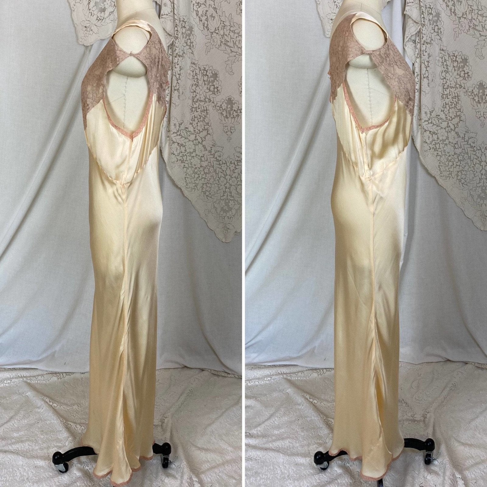 Vintage 1930's Nightgown | Champagne Silk with Mocha Lace & Cold Shoulder | Size M, LG - Daggers & Dames