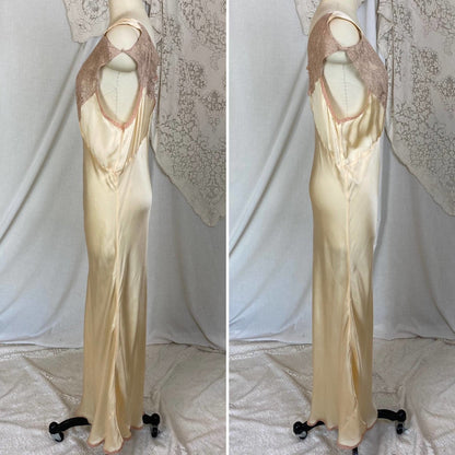 Vintage 1930's Nightgown | Champagne Silk with Mocha Lace & Cold Shoulder | Size M, LG - Daggers & Dames