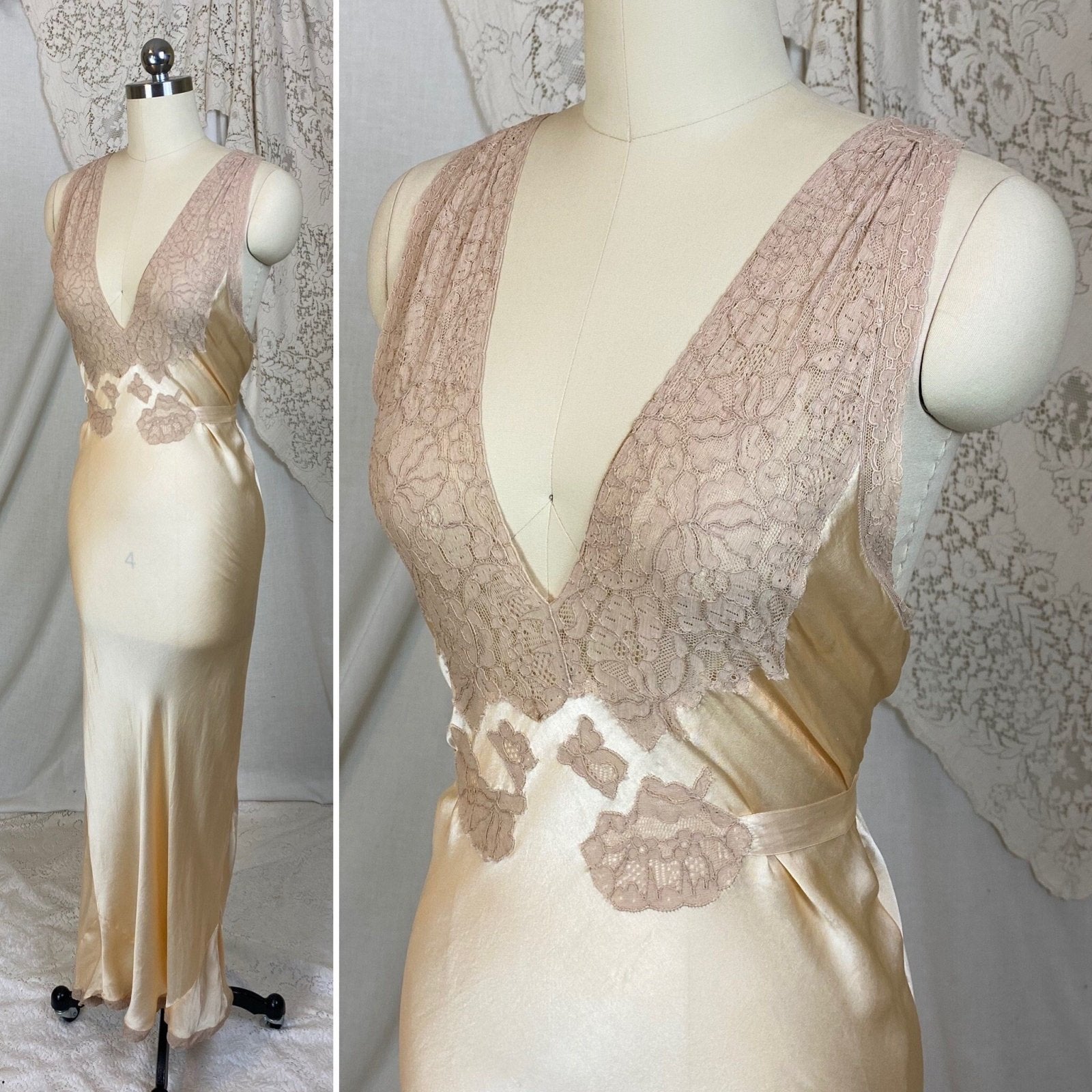 Vintage 1930's Nightgown | Champagne Silk with Warm Nude Lace | Size S, M - Daggers & Dames