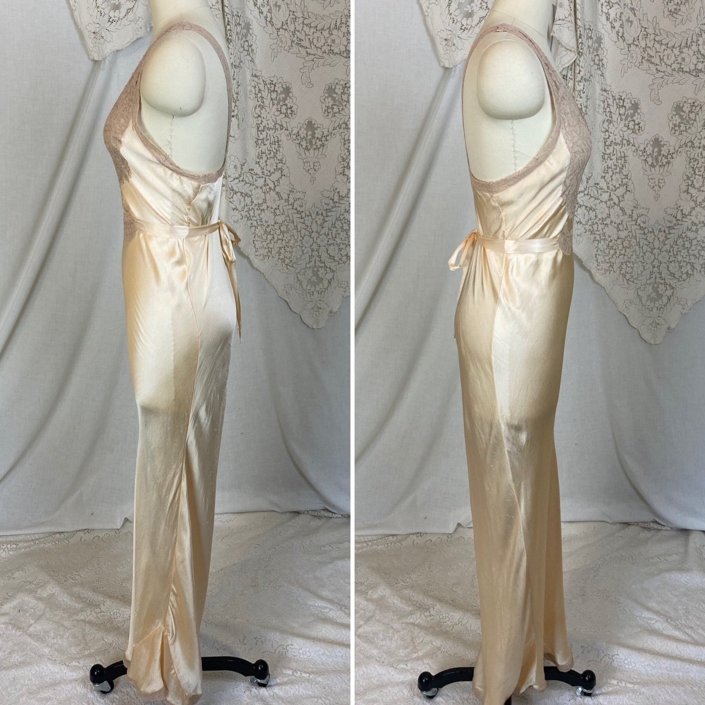 Vintage 1930's Nightgown | Champagne Silk with Warm Nude Lace | Size S, M - Daggers & Dames