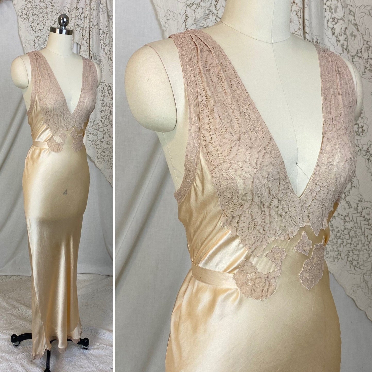 Vintage 1930's Nightgown | Champagne Silk with Warm Nude Lace | Size S, M - Daggers & Dames