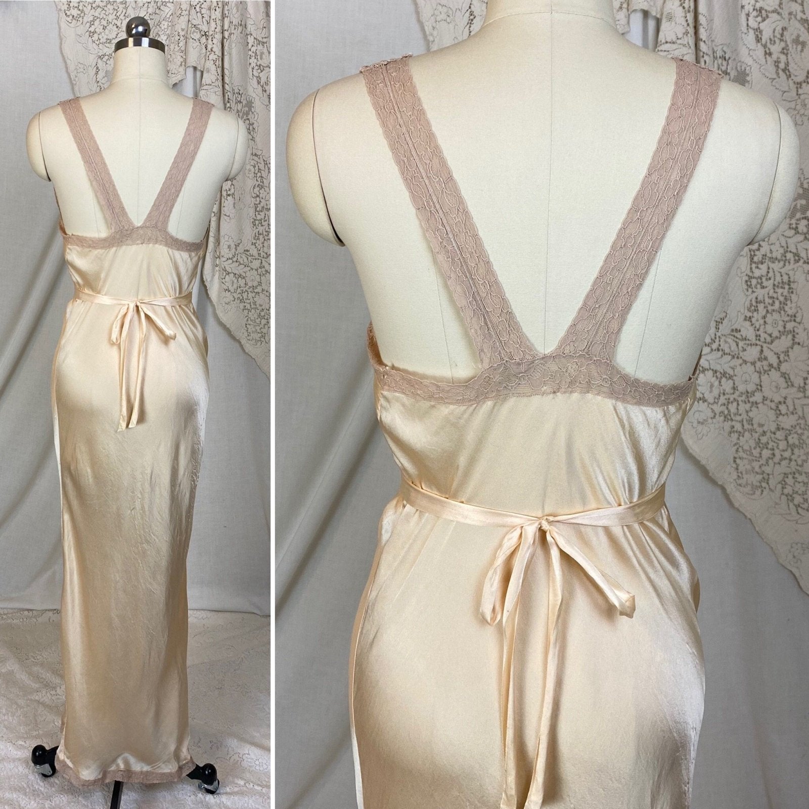 Vintage 1930's Nightgown | Champagne Silk with Warm Nude Lace | Size S, M - Daggers & Dames