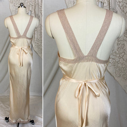 Vintage 1930's Nightgown | Champagne Silk with Warm Nude Lace | Size S, M - Daggers & Dames
