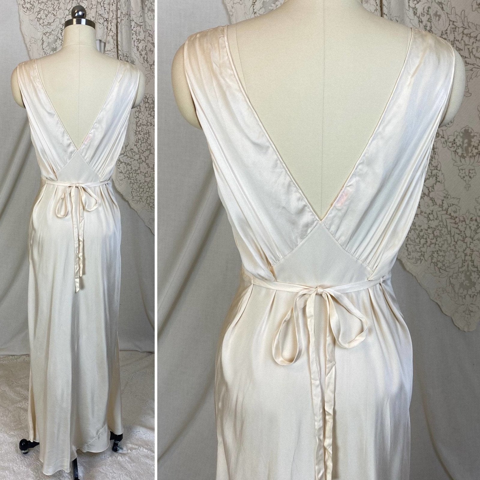Vintage 1930's Nightgown | Hand Stitched Ivory Silk with Light Nude Ruffled Lace | Size S, M, LG | Yolande - Daggers & Dames