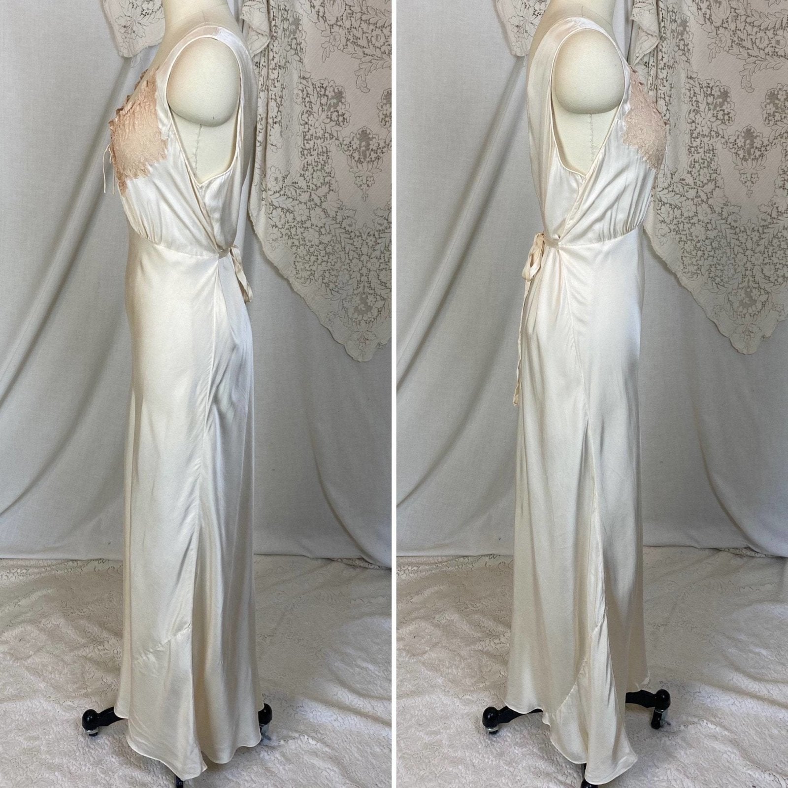 Vintage 1930's Nightgown | Hand Stitched Ivory Silk with Light Nude Ruffled Lace | Size S, M, LG | Yolande - Daggers & Dames