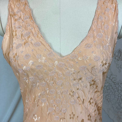 Vintage 1930's Nightgown | Hand Stitched Rose Gold Pink Silk with Floral Satin Damask & Embroidery | Size XS, S, M - Daggers & Dames