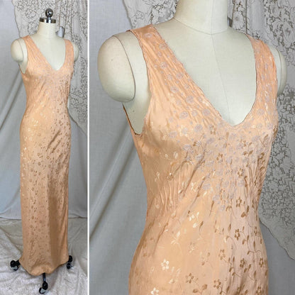Vintage 1930's Nightgown | Hand Stitched Rose Gold Pink Silk with Floral Satin Damask & Embroidery | Size XS, S, M - Daggers & Dames