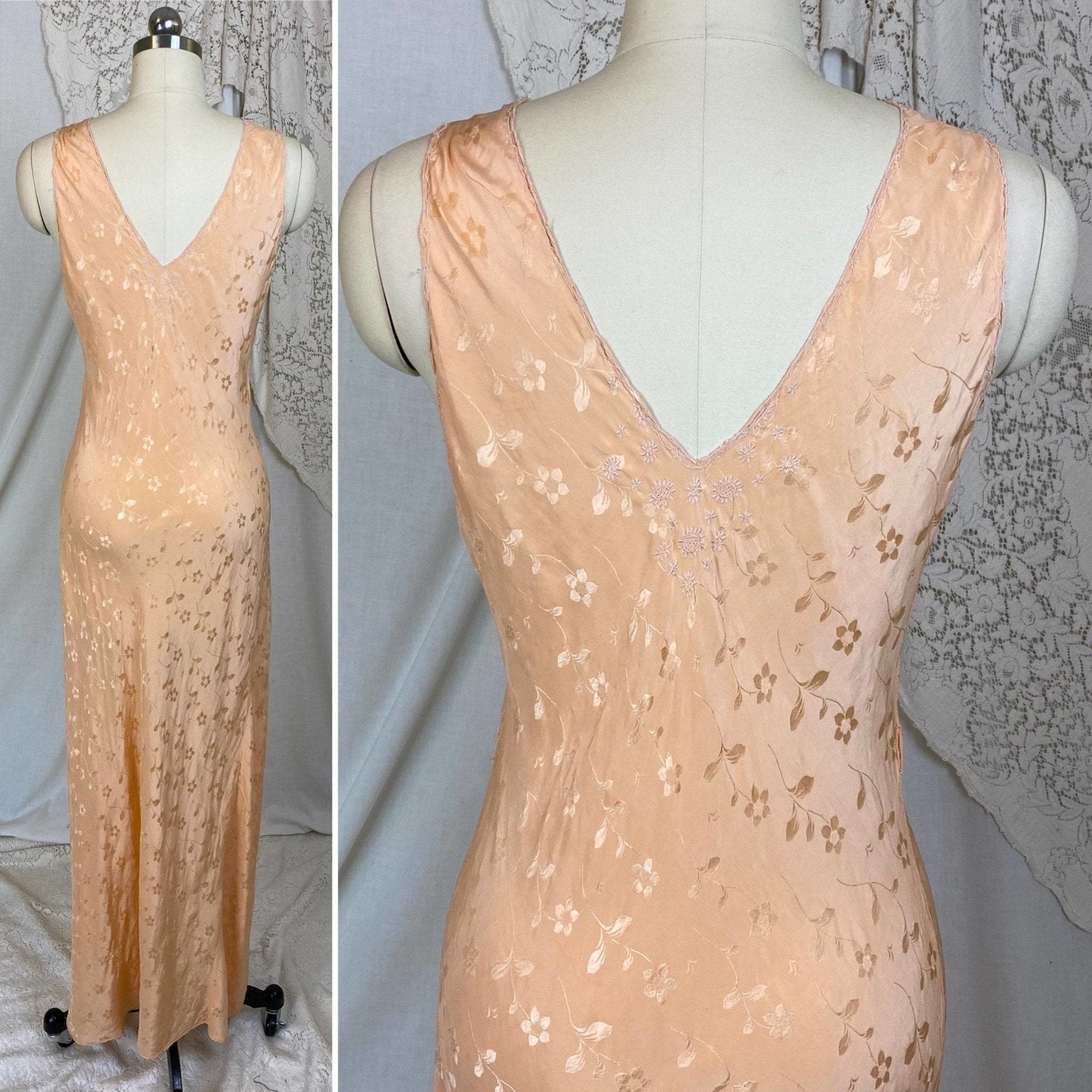 Vintage 1930's Nightgown | Hand Stitched Rose Gold Pink Silk with Floral Satin Damask & Embroidery | Size XS, S, M - Daggers & Dames