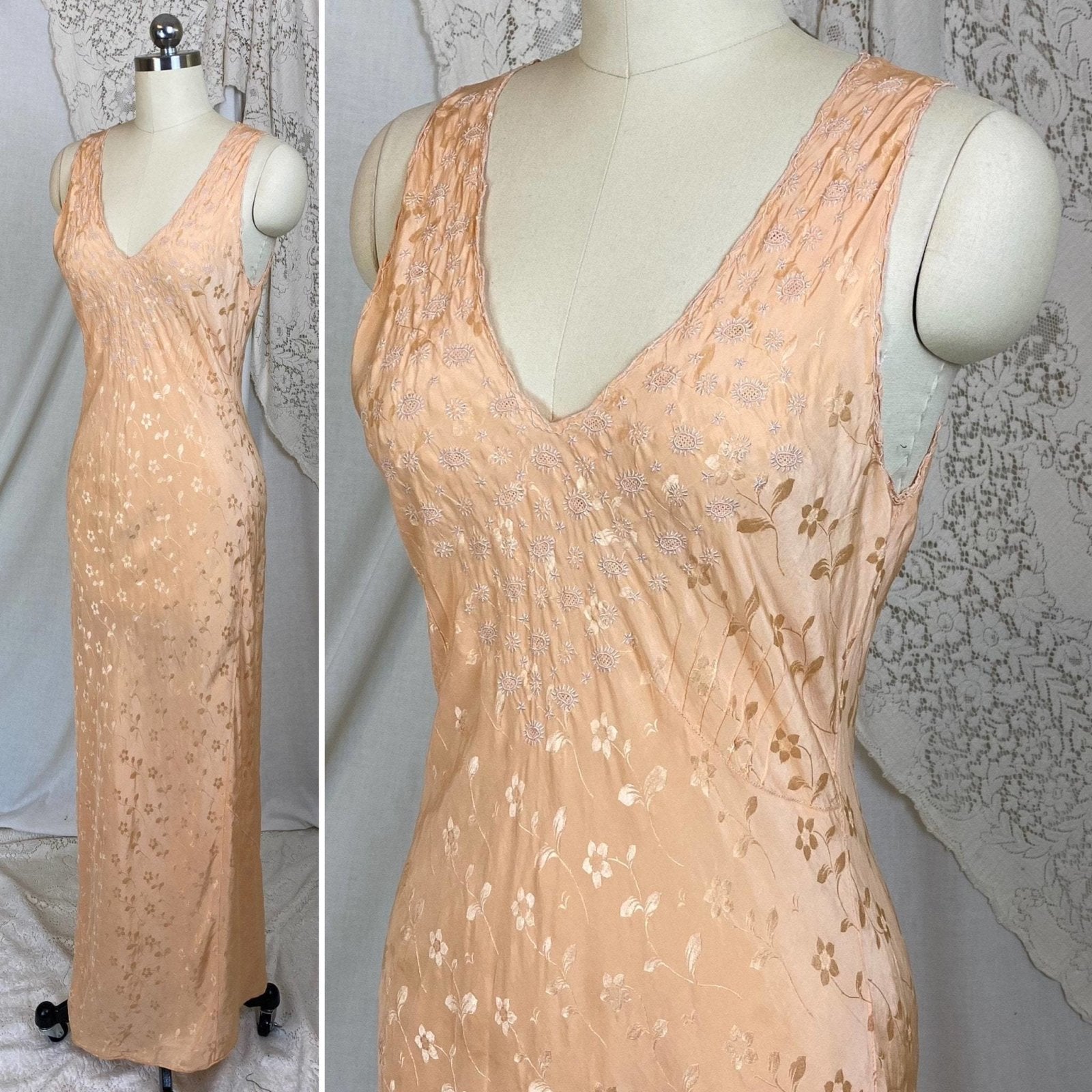 Vintage 1930's Nightgown | Hand Stitched Rose Gold Pink Silk with Floral Satin Damask & Embroidery | Size XS, S, M - Daggers & Dames