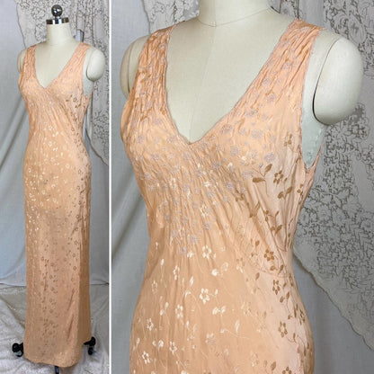 Vintage 1930's Nightgown | Hand Stitched Rose Gold Pink Silk with Floral Satin Damask & Embroidery | Size XS, S, M - Daggers & Dames
